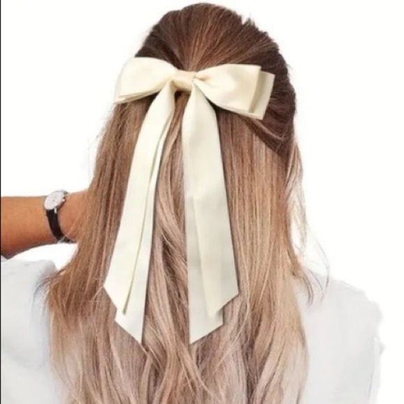 Vintage Accessories - Cream Bow French Barrette Hair Clip Silky Satin Clip long tail double coquette